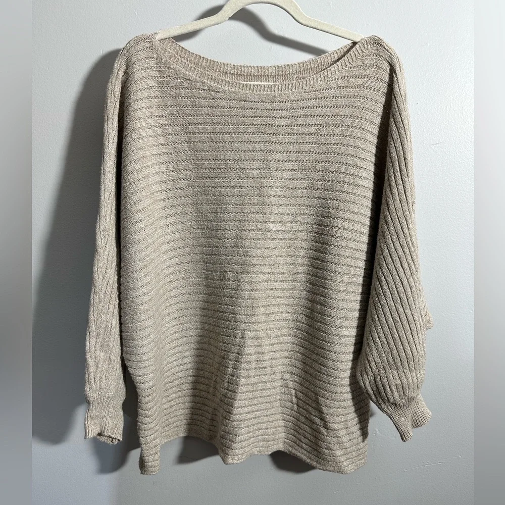 SHEIN Curve Women's 1XL Batwing Ribbed Oatmeal Long Sleeve Sweater | SKU 0757